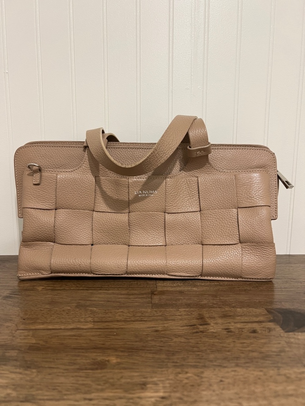Woven Leather Tote Bag in Taupe Brown